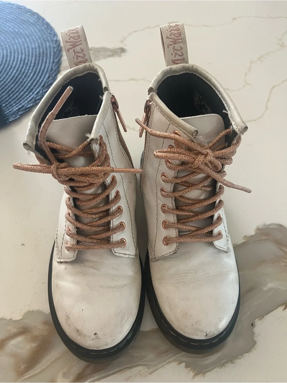 Dr. Martens Kids White Boots with Rose Gold Laces